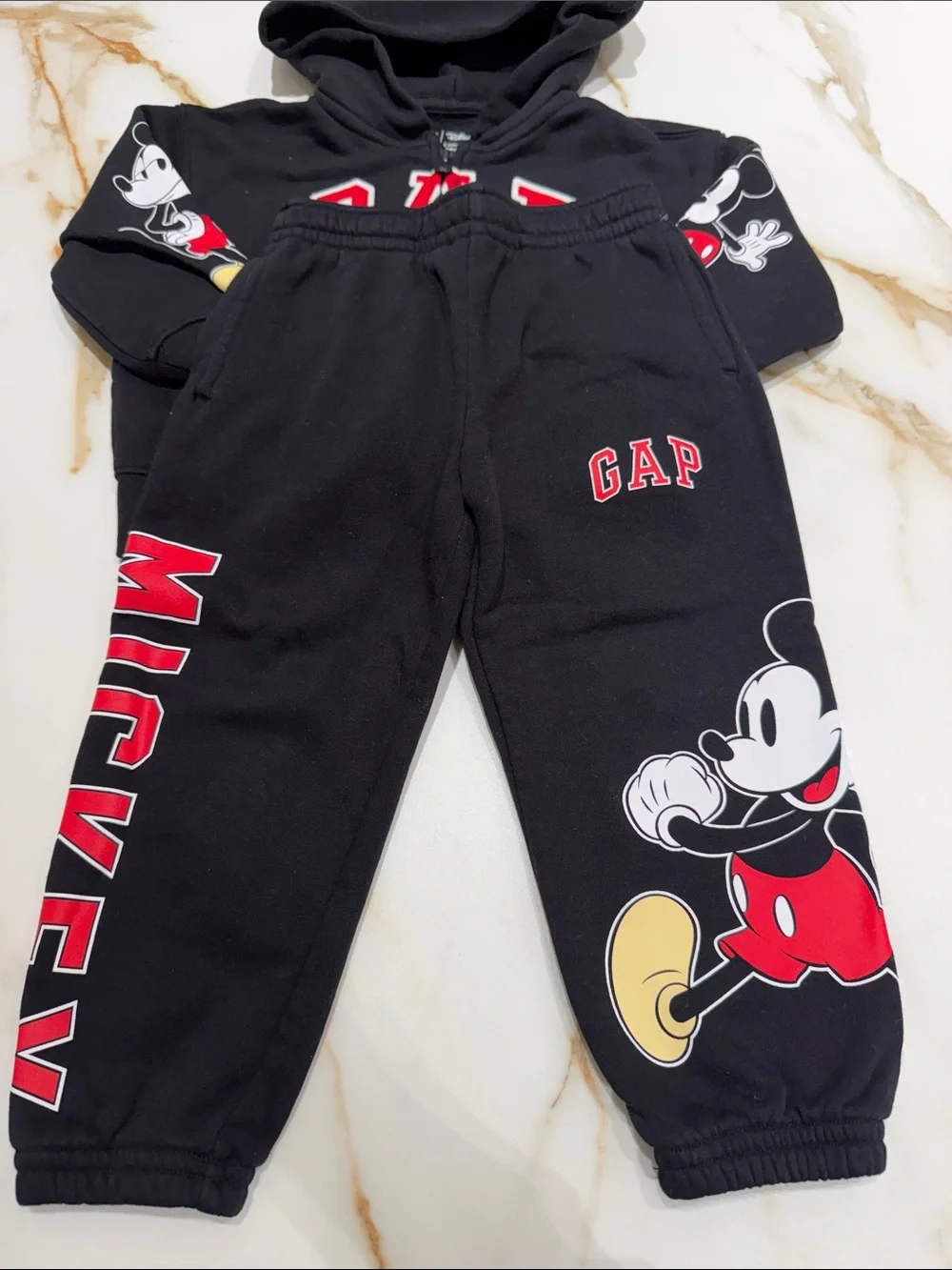 GAP Black Hoodie and Jogger Set with Red & Yellow Mickey Accents 2T